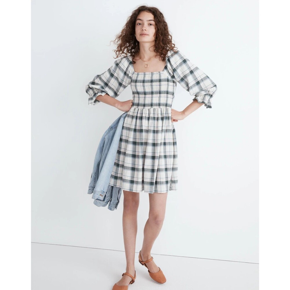Madewell "Lucie" Elbow-Sleeve Smocked Mini Dress in Lebaum Plaid Sz S Small NWT!
